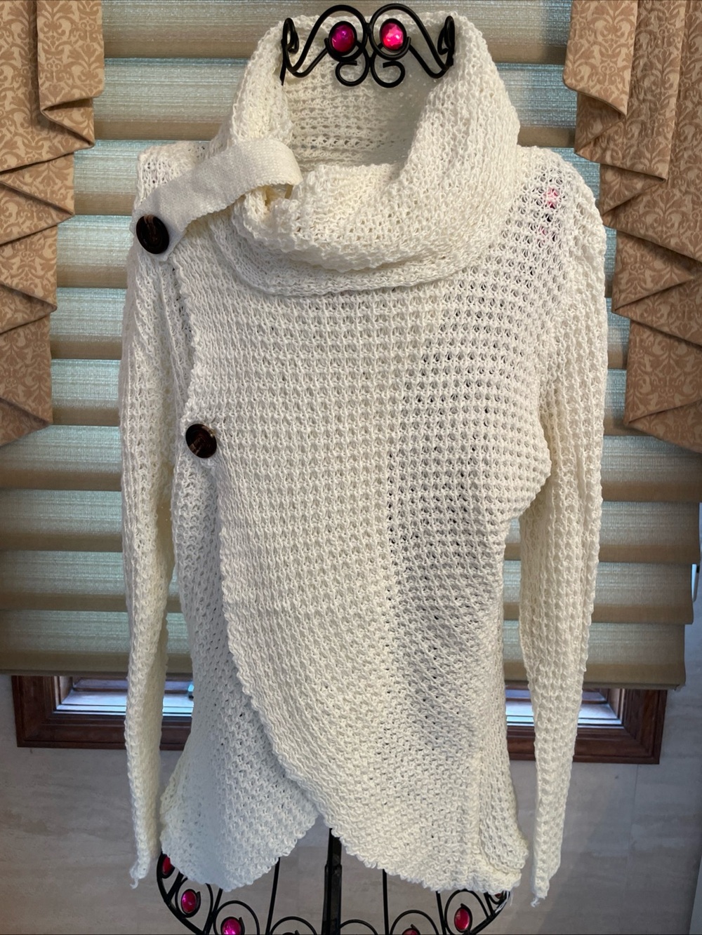 Unbranded Womens Waffle Knit Cowl Neck Split Front Sweater Cream Large Pullover